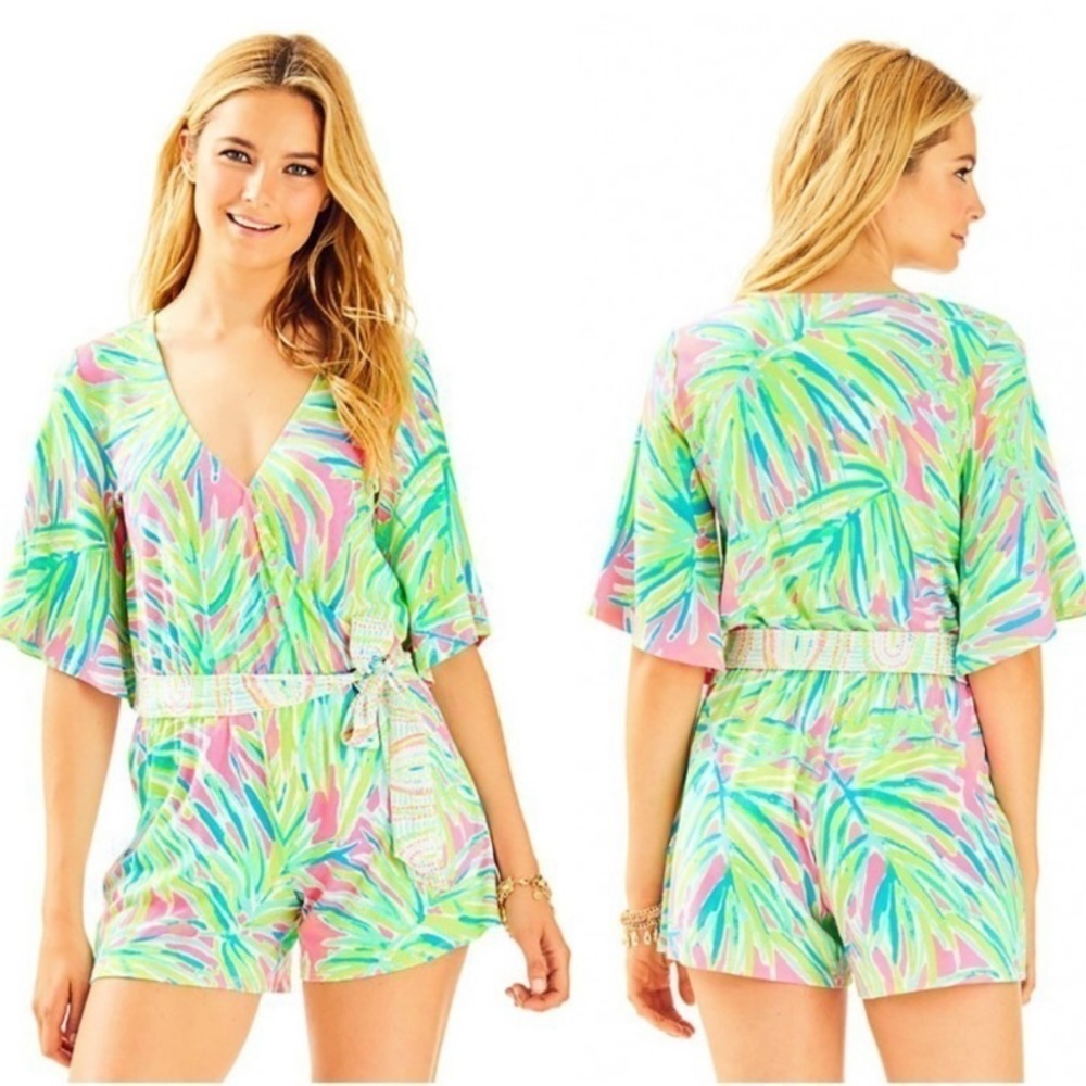 Lilly Pulitzer Madilyn romper tiki print royal lime green XS